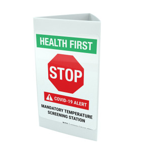 Health First: Stop - Mandatory Temp Screening Portrait - Tri-fold Sign Health First: Stop - Mandatory Temp Screening Portrait - Tri-fold Sign