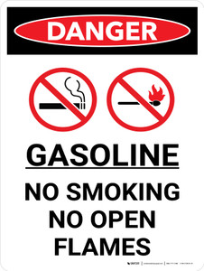 Danger: Gasoline No Smoking No Open Flame Portrait with Graphic - Wall Sign