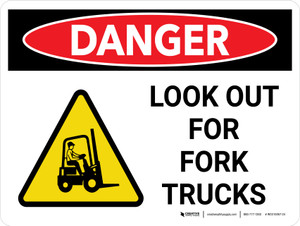 Danger: Look Out For Fork Trucks Landscape with Graphic - Wall Sign