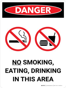 Danger: No Smoking Eating Drinking in This Area Portrait with Graphic - Wall Sign