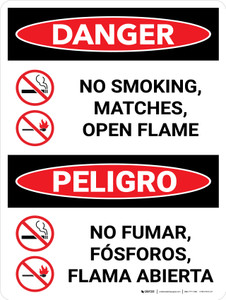 Danger: No Smoking Matches Flames Bilingual Spanish with Graphic - Wall Sign