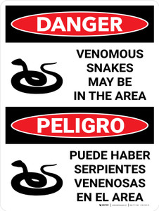 Danger: Venomous Snakes May Be In Area Bilingual Spanish with Graphic - Wall Sign