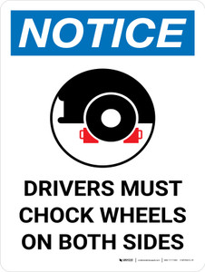 Notice: Drivers Must Chock Wheels On Both Sides Portrait with Graphic Notice: Drivers Must Chock Wheels On Both Sides Portrait with Graphic