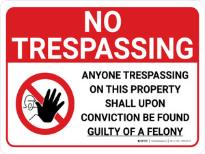 No Trespassing: Anyone Trespassing Guilty Of A Felony Landscape with Graphic - Wall Sign