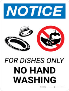 Notice: For Dishes Only - No Hand Washing Portrait with Icon - Wall Sign
