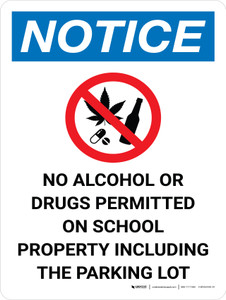 Notice: No Alcohol Or Drugs On School Property Including Parking Lot Portrait with Icon - Wall Sign