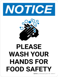 Notice: Please Wash Your Hands For Food Safety Portrait with Icon - Wall Sign