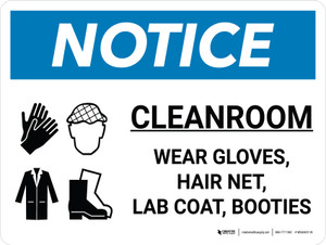 Notice: Cleanroom Wear Gloves Hair Net Landscape with Icon - Wall Sign Notice: Cleanroom Wear Gloves Hair Net Landscape with Icon - Wall Sign