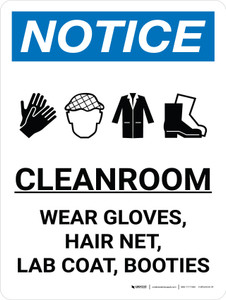 Notice: Cleanroom Wear Gloves Hair Net Portrait with Icon - Wall Sign Notice: Cleanroom Wear Gloves Hair Net Portrait with Icon - Wall Sign