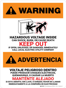 Warning: Hazardous Voltage Inside Can Shock, Burn, Or Cause Death - Keep Out Bilingual Spanish Landscape - Wall Sign