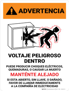 Warning: Hazardous Voltage Inside Can Shock, Burn, Or Cause Death - Keep Out In Spanish Portrait - Wall Sign