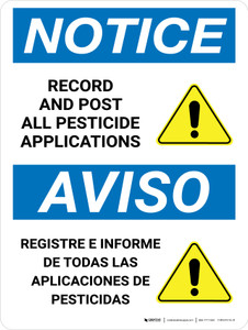 Notice: Bilingual Spanish Record And Post All Pesticide Applications Portrait - Wall Sign