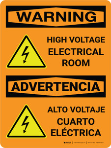 Warning: High Voltage Electrical Room Bilingual Spanish OSHA Portrait With Icon - Wall Sign