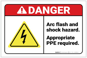 Danger: Arc Flash and Shock Hazard - Appropriate PPE Required with Icon Landscape - Label