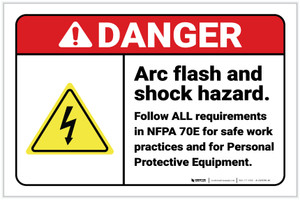 Danger: Arc Flash and Shock Hazard - Follow All Requirements with Hazard Icon Landscape - Label