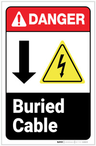 Danger: Buried Cable Down Arrow ANSI with Icons Portrait - Label