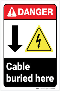 Danger: Cable Buries Here Down Arrow ANSI with Icons Portrait - Label