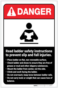 Danger: Read Ladder Safety Instructions to Prevent Slip and Fall Injuries ANSI with Icon Portrait - Label