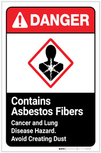 Danger: Contains Asbestos Fibers - Avoid Creating Dust - Cancer/Lung Hazard ANSI Portrait - Label
