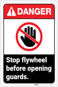 Danger: Stop Flywheel Before Opening Guards With Icon ANSI Portrait - Label