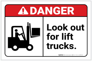 Danger: Look Out For Lift Trucks with Icon ANSI Landscape - Label