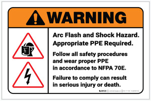 Warning: Arc Flash and Shock Hazard/PPE Required ANSI with Icons Landscape - Label