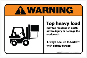 Warning: Top Heavy Load Forklift Safety ANSI with Icon Landscape - Label