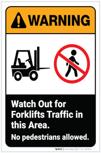 Warning: Watch Out For Forklift Traffic in Area ANSI with Icon Portrait - Label