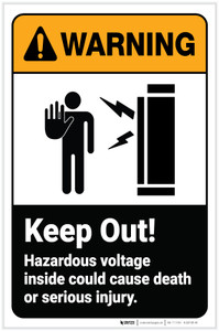 Warning: Keep Out Hazardous Voltage Inside Could Cause Death Portrait with Icon - Label