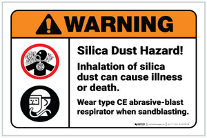 Warning: Silica Dust Hazard Inhalation Cause Illness with Icons Landscape - Label
