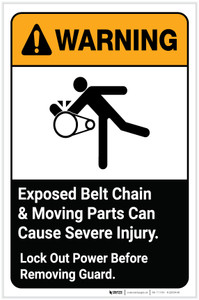 Warning: Exposed Belt Chain and Moving Parts Can Cause Severe Injury with Graphic Portrait ANSI - Label