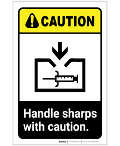 Caution: Handle Sharps with Caution ANSI with Icon Portrait - Label