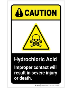 Caution: Hydrochloric Acid - Improper Contact Will Result in Injury/Death ANSI Portrait - Label