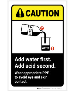 Caution: Add Water First Acid Second Wear PPE ANSI Portrait - Label