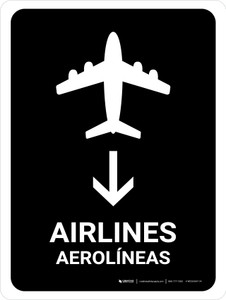 Airlines With Down Arrow Black Bilingual Spanish Portrait - Wall Sign