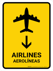 Airlines With Down Arrow Yellow Bilingual Spanish Portrait - Wall Sign