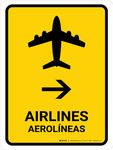 Airlines With Right Arrow Yellow Bilingual Spanish Portrait - Wall Sign