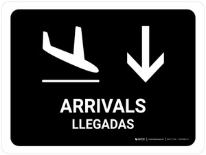 Arrivals With Down Arrow Black Bilingual Spanish Landscape - Wall Sign