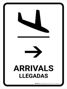 Arrivals With Right Arrow White Bilingual Spanish Portrait - Wall Sign