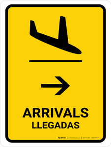 Arrivals With Right Arrow Yellow Bilingual Spanish Portrait - Wall Sign