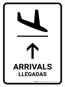 Arrivals With Up Arrow White Bilingual Spanish Portrait - Wall Sign