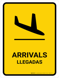 Arrivals Yellow Bilingual Spanish Portrait - Wall Sign