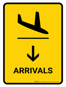 Arrivals With Down Arrow Yellow Portrait - Wall Sign