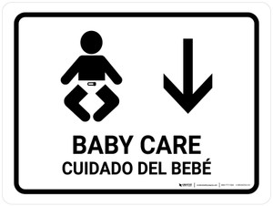 Baby Care With Down Arrow White Bilingual Spanish Landscape - Wall Sign