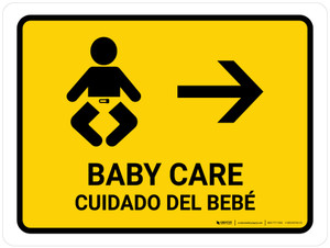 Baby Care With Right Arrow Yellow Bilingual Spanish Landscape - Wall Sign