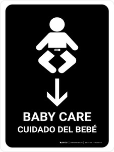 Baby Care With Down Arrow Black Bilingual Spanish Portrait - Wall Sign