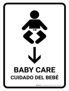 Baby Care With Down Arrow White Bilingual Portrait - Wall Sign