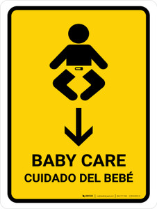 Baby Care With Down Arrow Yellow Bilingual Spanish Portrait - Wall Sign