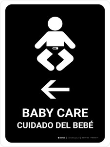 Baby Care With Left Arrow Black Bilingual Spanish Portrait - Wall Sign