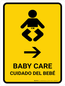 Baby Care With Right Arrow Yellow Bilingual Spanish Portrait - Wall Sign